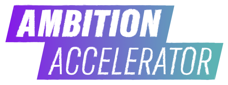 Ambition Accelerator text in bold black font on a diagonal blue-to-purple gradient background.