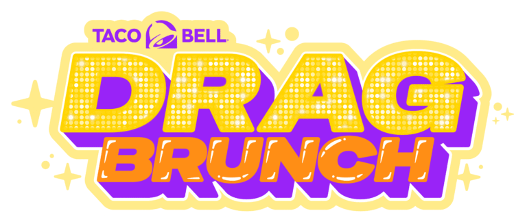Taco Bell Drag Brunch logo with bold yellow and orange text on a purple background, accented by sparkles and the Taco Bell logo.