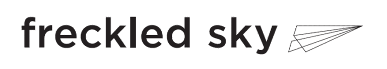 The text freckled sky in bold lowercase letters is next to a simple line drawing of a paper airplane.