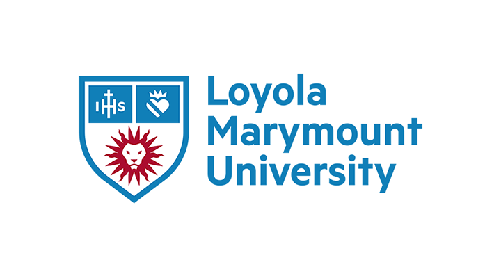 Loyola Marymount University logo featuring a blue shield with symbols and the university name in blue text on a white background.