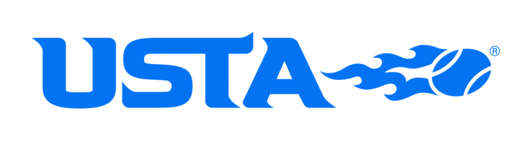 Blue USTA logo with USTA text and a stylized tennis ball trailing flames to the right.