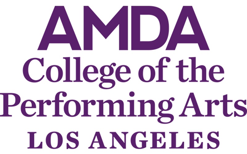 AMDA College of the Performing Arts Los Angeles logo in purple text on a white background.