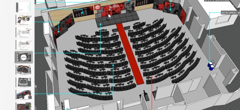 3D rendering of an auditorium with curved rows of black chairs, a central red aisle, a stage at the front, and various wall displays and equipment set around the room.